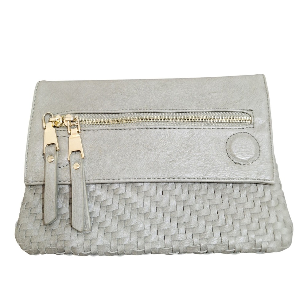 Miztique Woven Foldover Clutch Bag Sage Green Gold Hardware Chevron Lining
